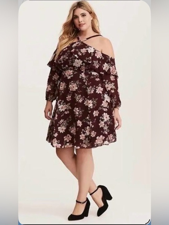 torrid Dresses & Skirts - 🌺Torrid burgundy floral print chiffon ruffled skater dress